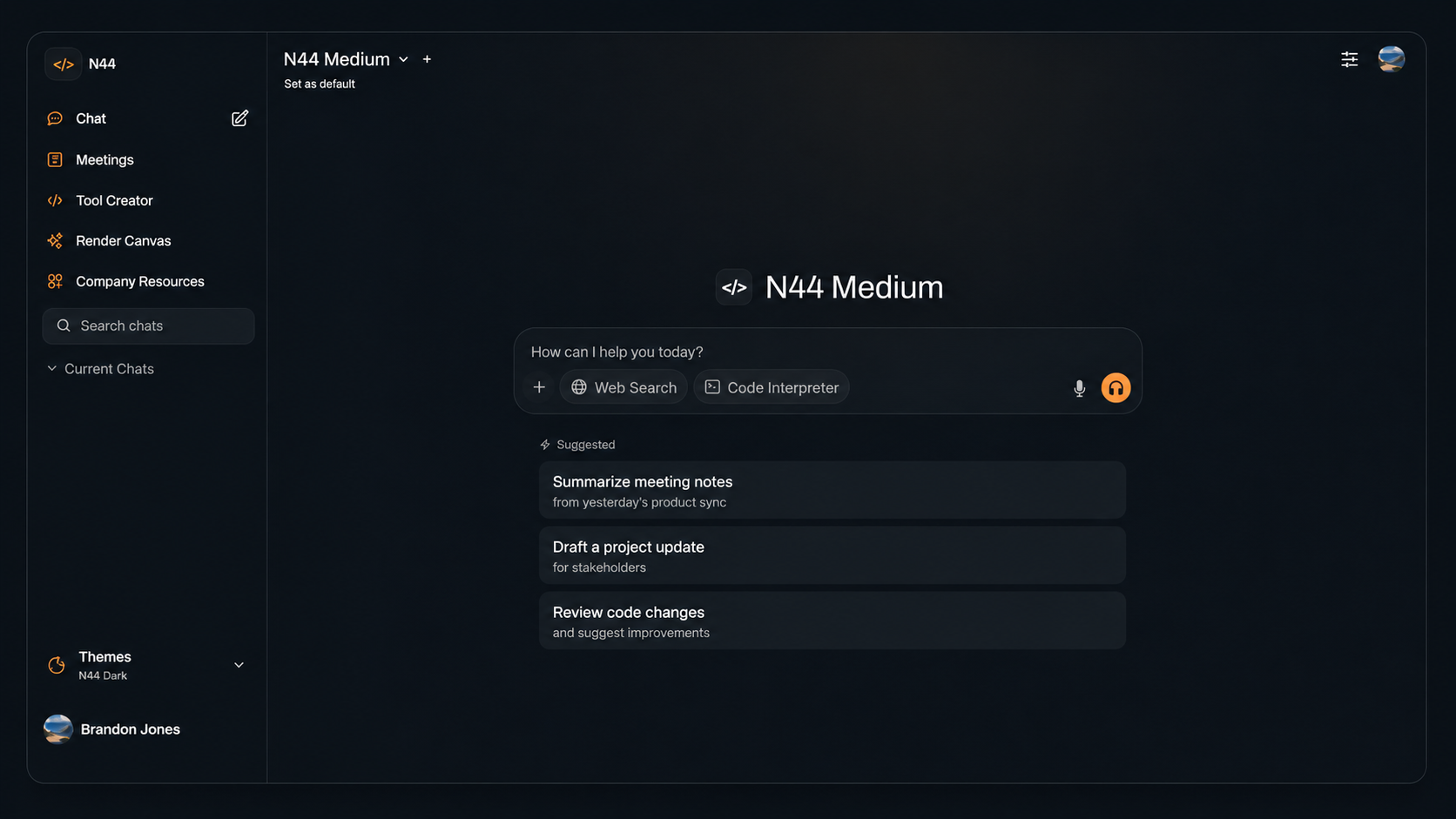 N44 chat interface with a model selector and suggested prompts