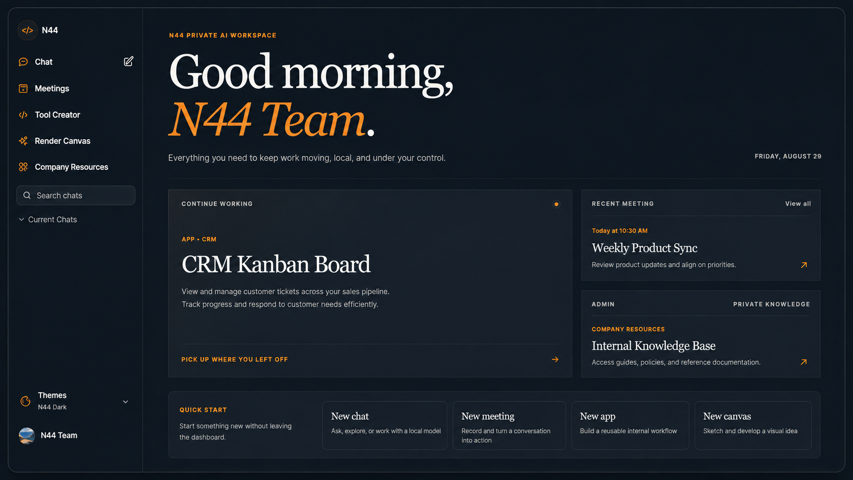 N44 dashboard showing recent apps, meetings, and quick-start actions