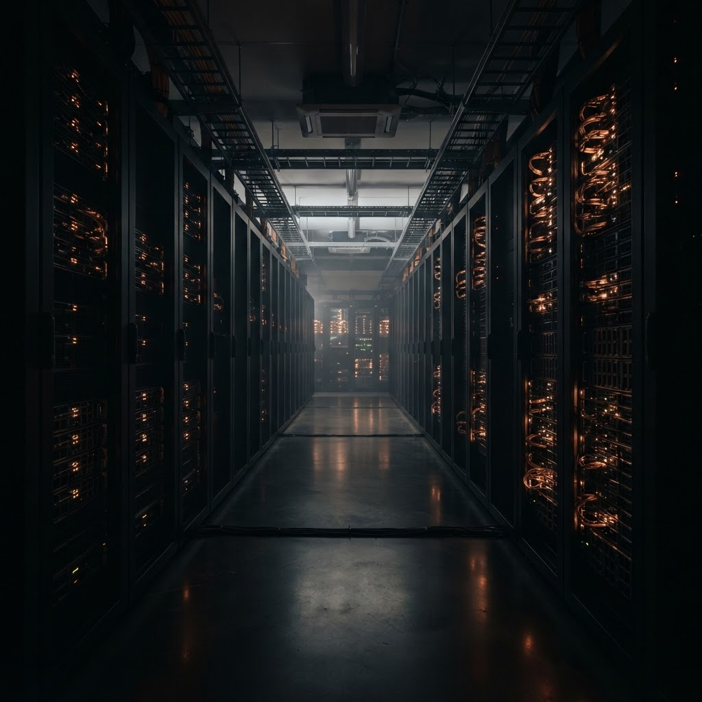 A dark data center corridor lined with server racks glowing with warm copper light, representing N44's on-premise AI hardware